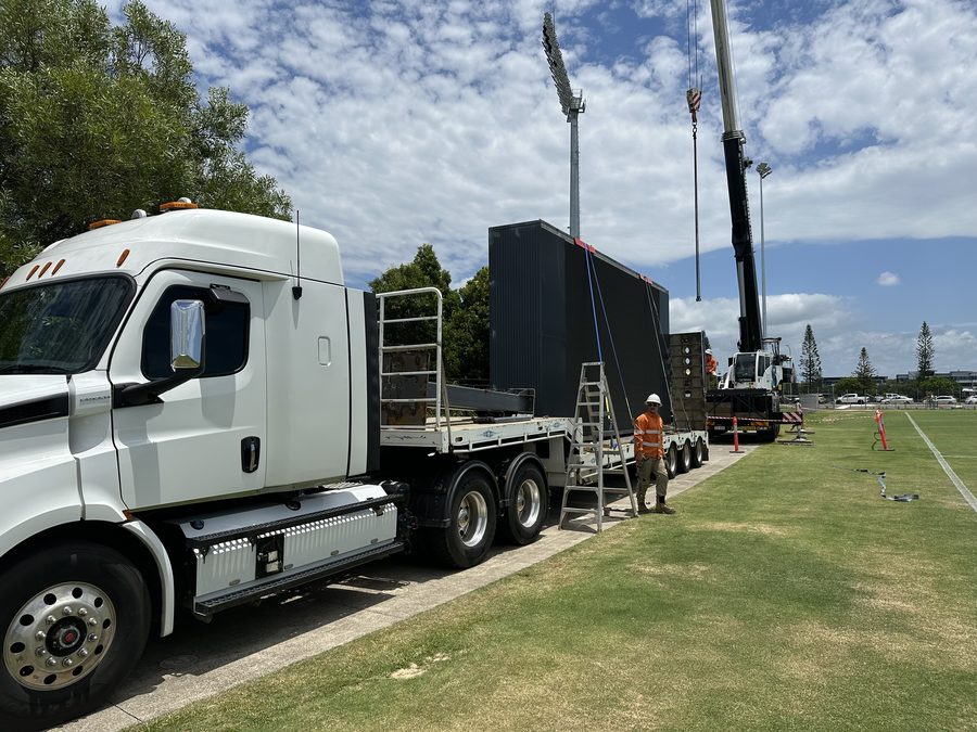 Semi-trailer transporting an LED screen cabinet to site