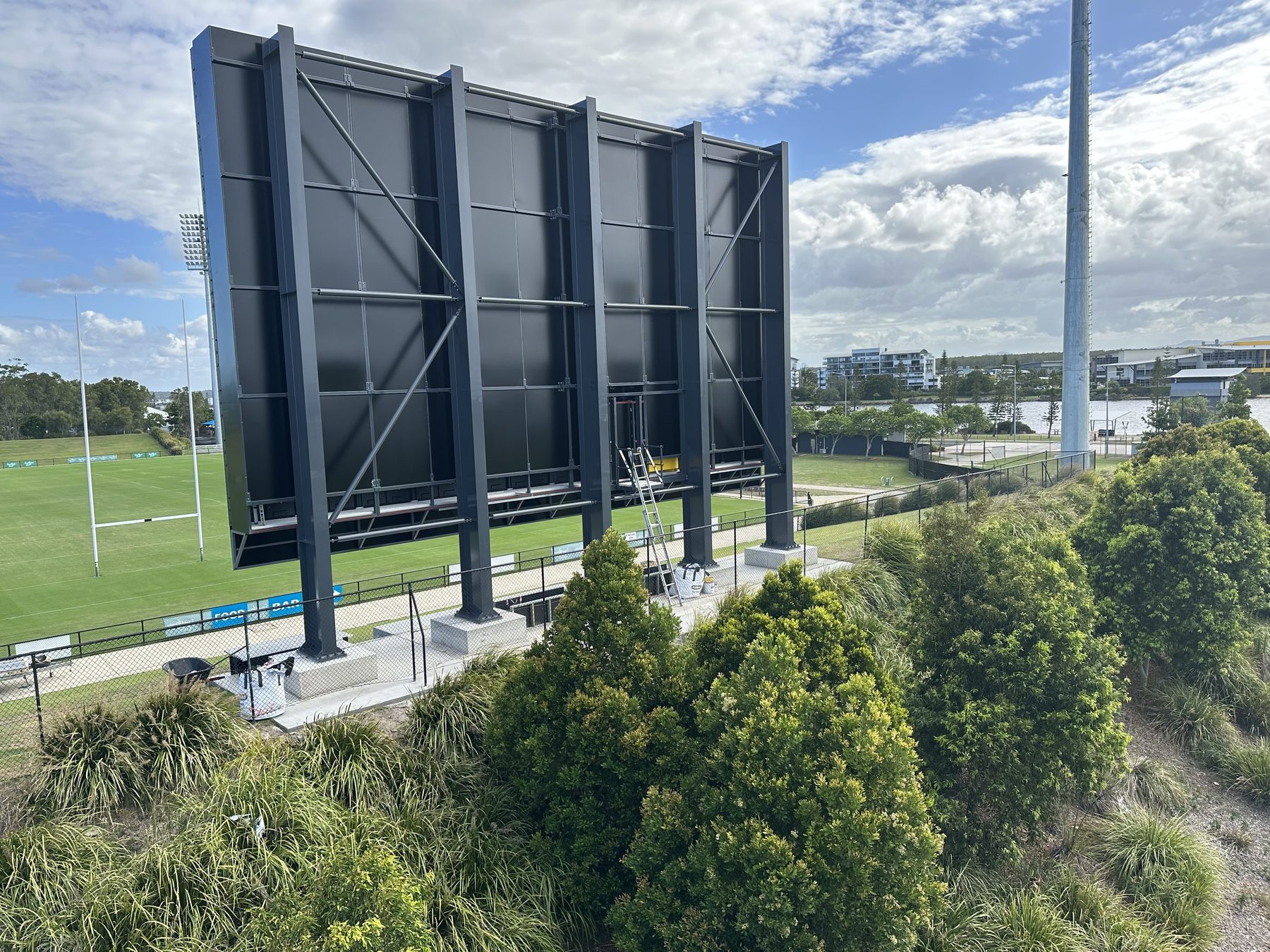 Large-format steel screen structure at a stadium, engineered and fabricated by TS Fabrication